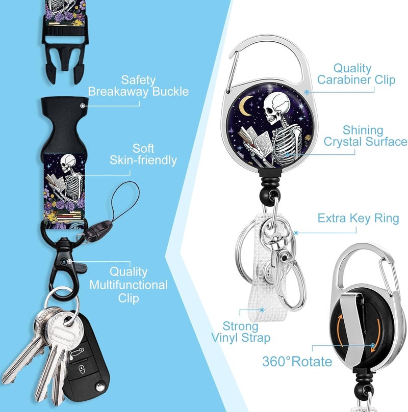 Piefly Lanyards for Id Badges, Funny Badge Holder with Retractable Badge Reel Clip, Skull Skeleton Reading Book Card Name Tag Lanyard Vertical ID Card Protector for Women Nurse Doctor Teacher Student - Image 4